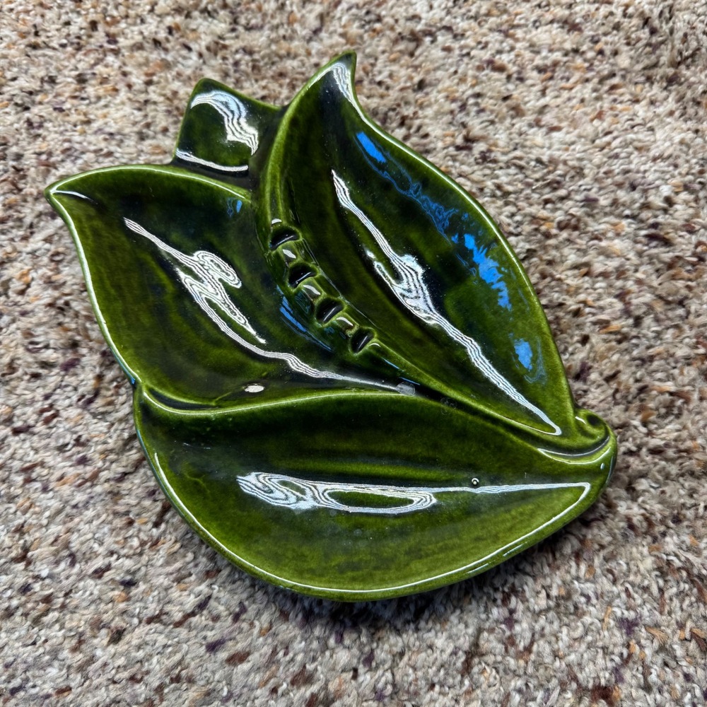 Vintage Mid Century Modern Green Triple Leaf Ceramic Ashtray Trinket Dish 9x7
